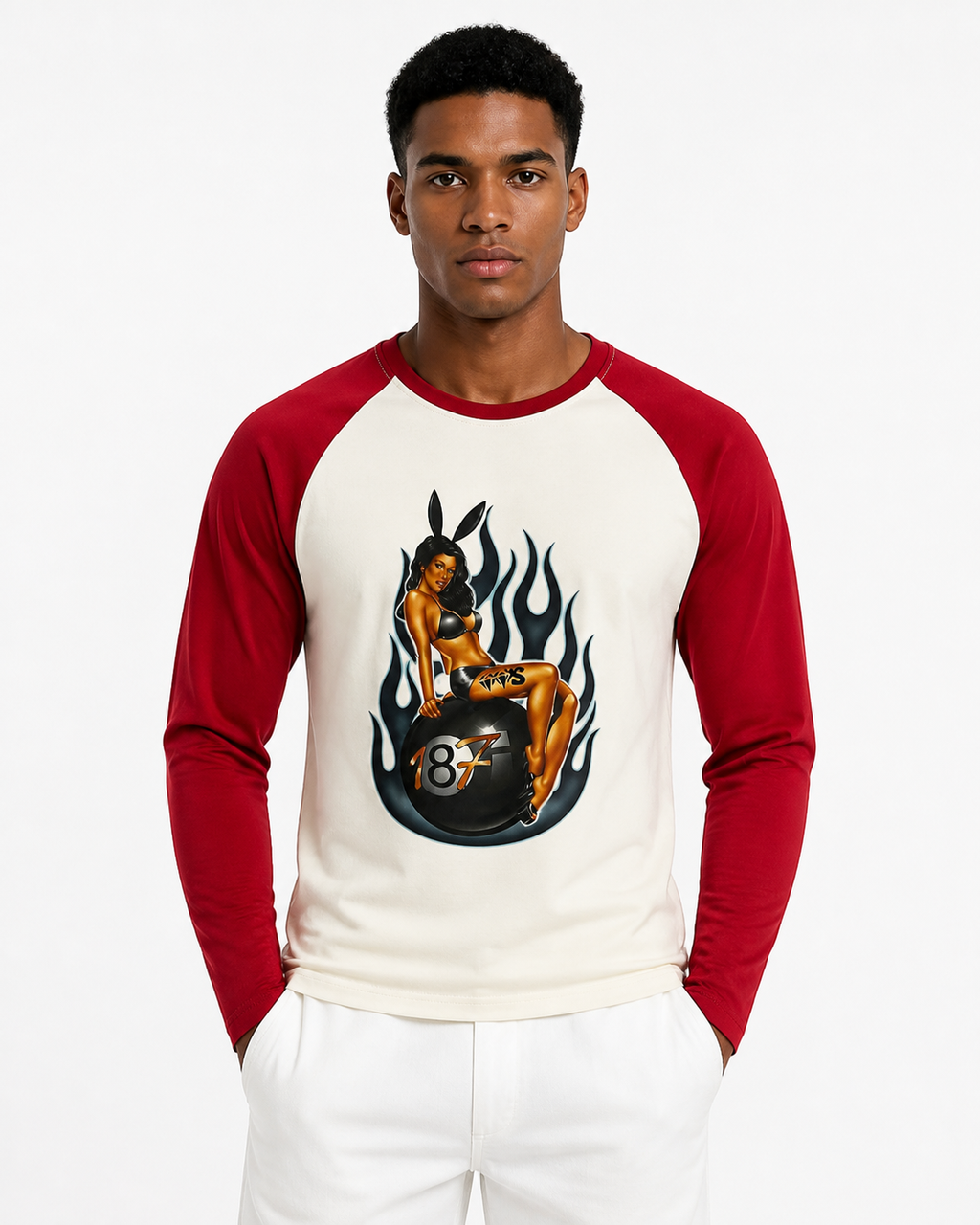 Tshirt manches longues VVS 187 Fireball — Écru & Rouge (homme)