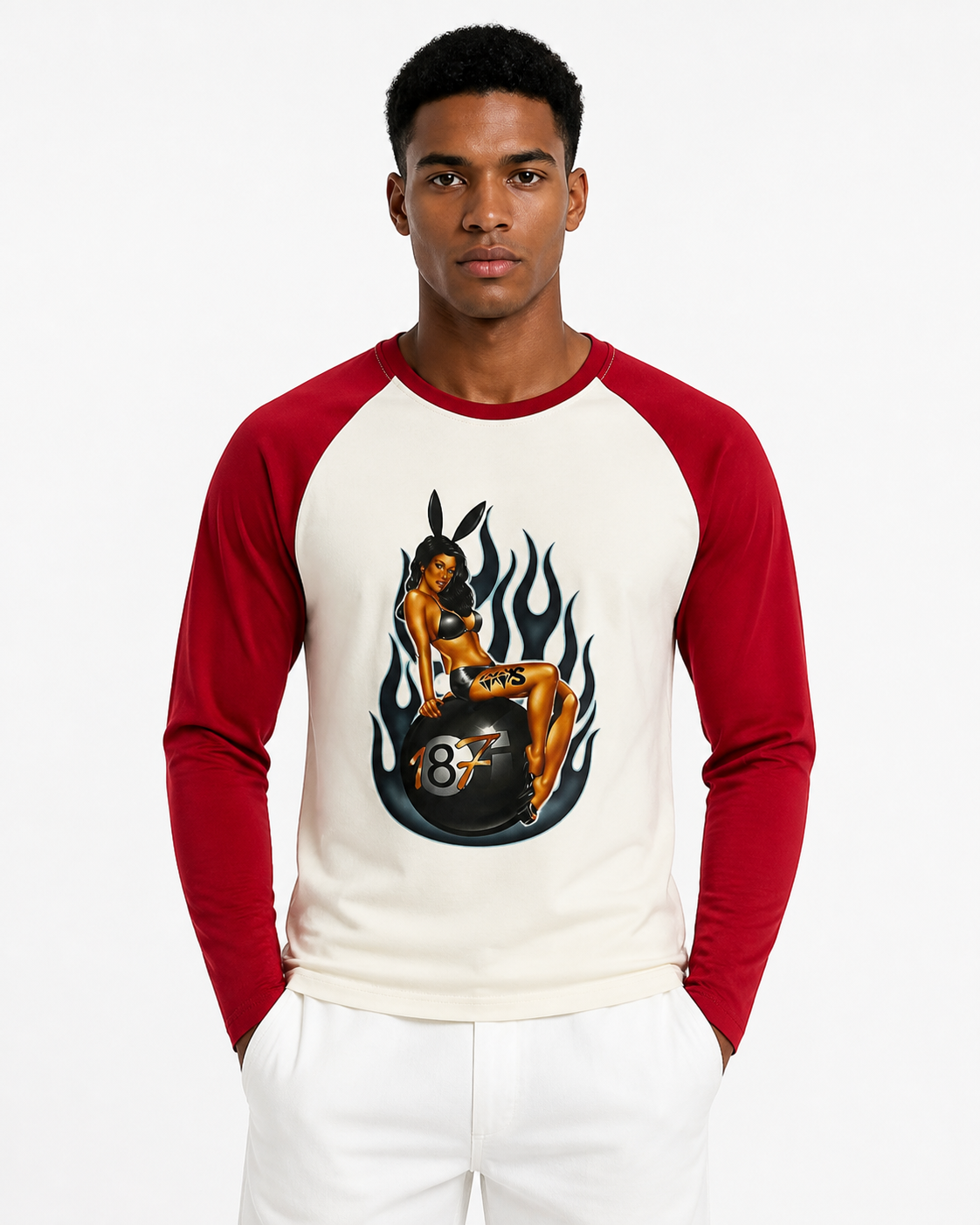 Tshirt manches longues VVS 187 Fireball — Écru & Rouge (homme)